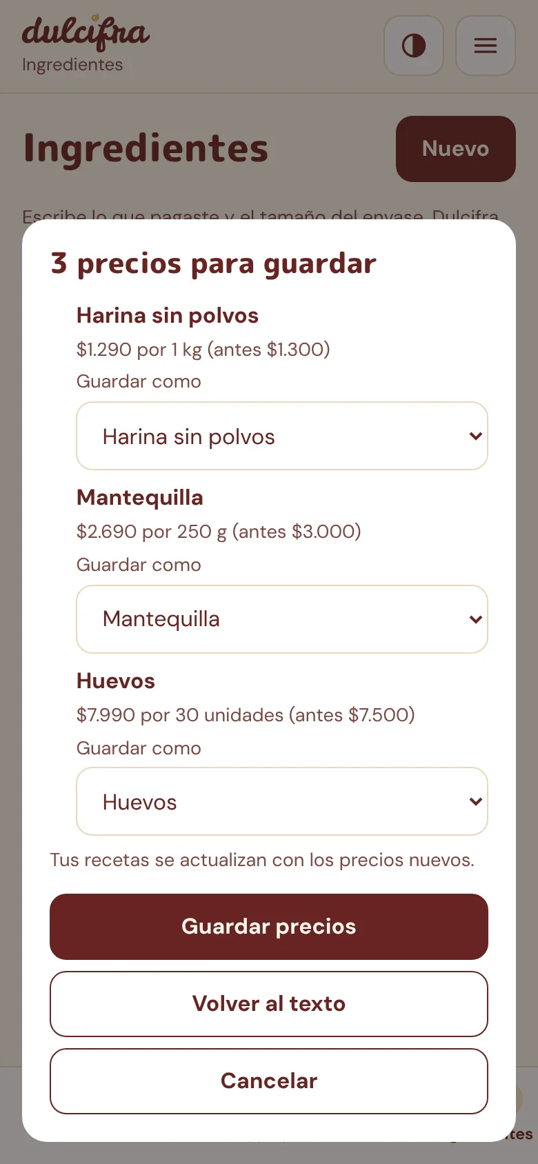 Pantalla de Dulcifra con precios dictados listos para guardar: harina, mantequilla y huevos